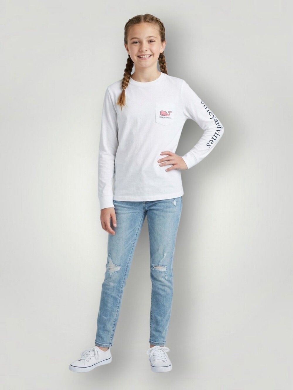 Vineyard Vines Girls Floral Whale Long Sleeve Pocket Tee Youth M 12-14 White